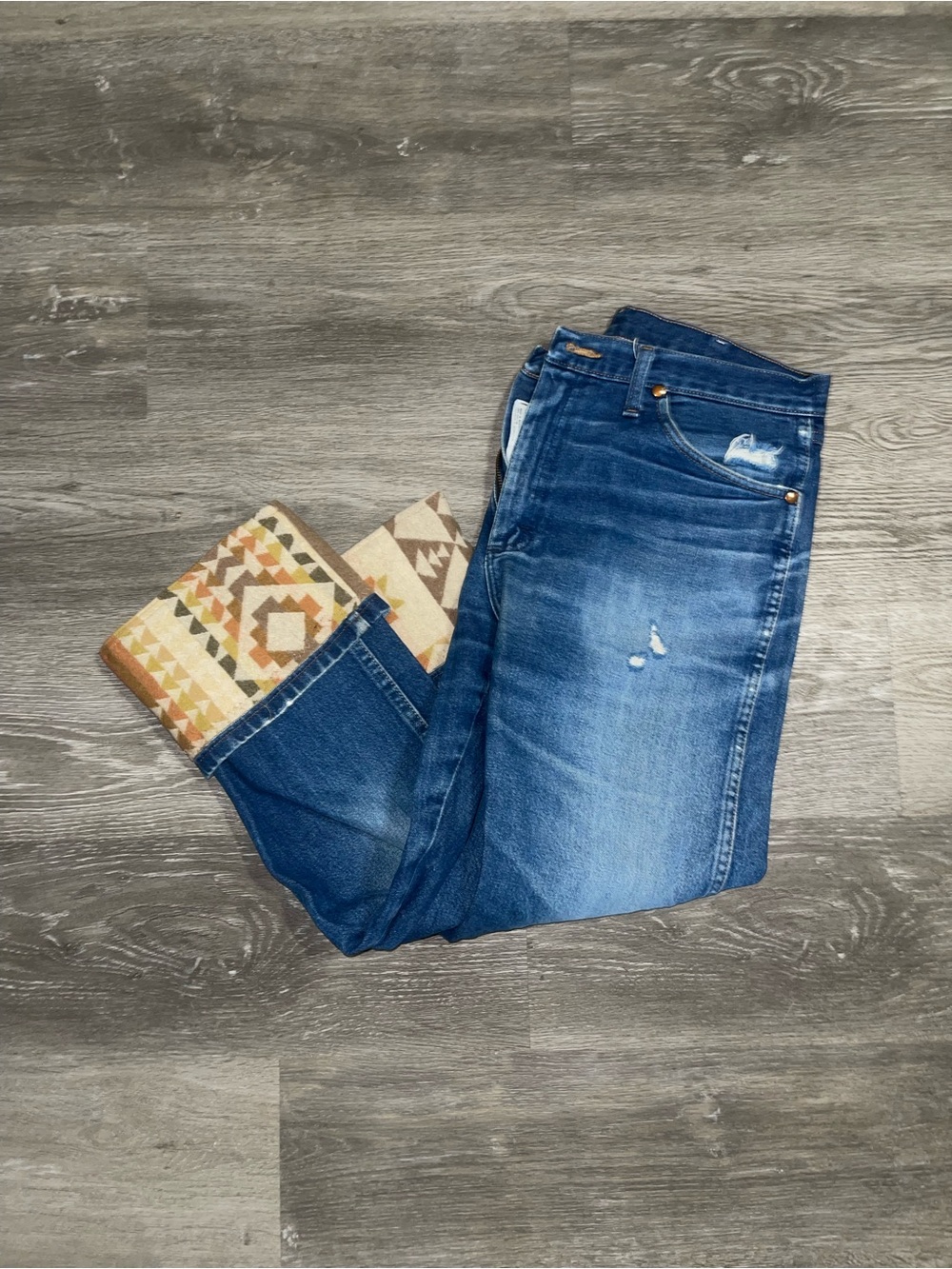 Wrangler Blue Denim Jeans with Patterned Cuff upcycled jeans - Picture 3 of 4